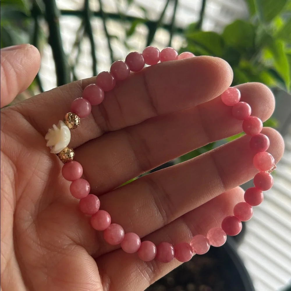 Handmade Pink Quartzite Beaded Bracelet with Rose Accent
